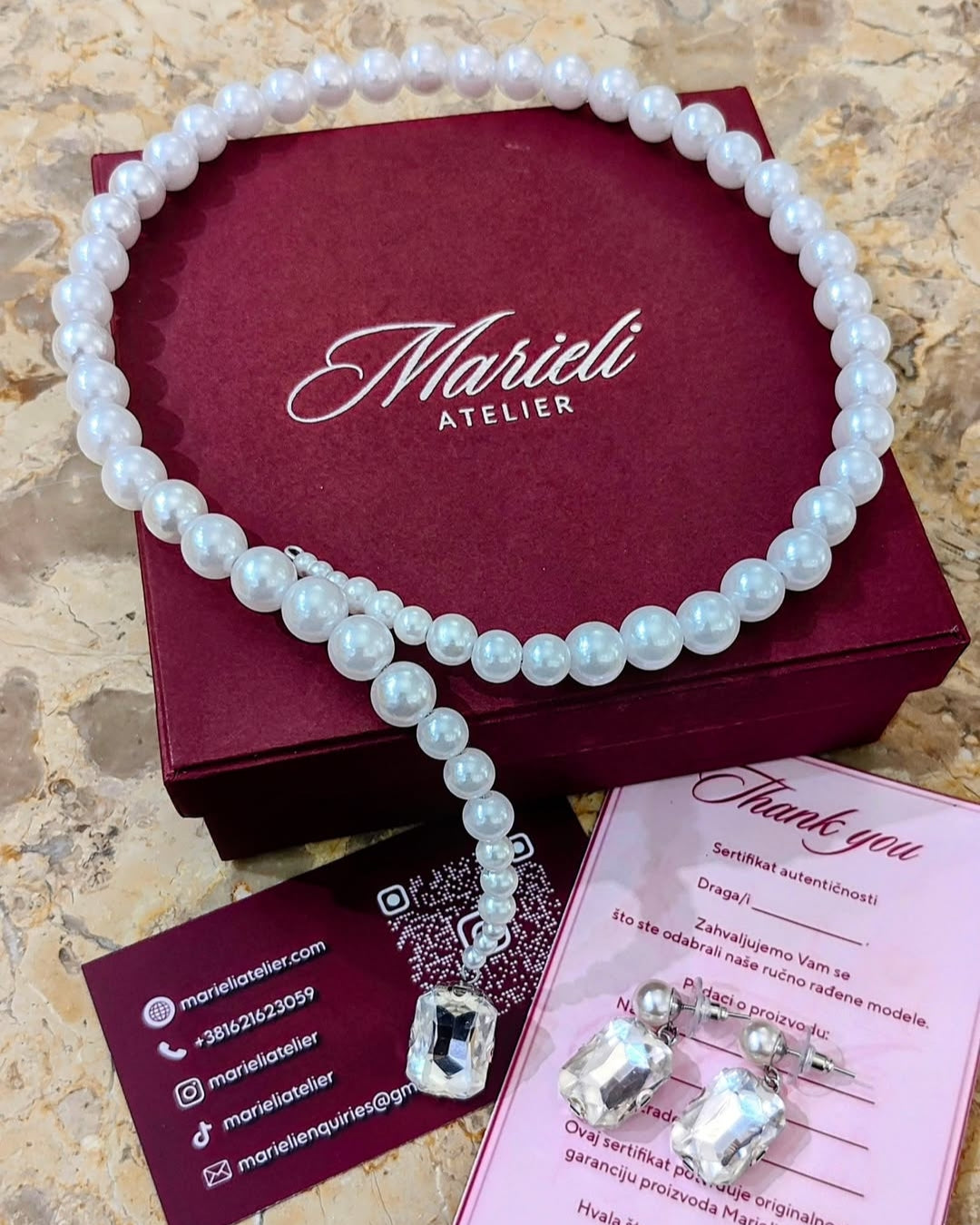 Pearl square crystal Set necklace & earrings